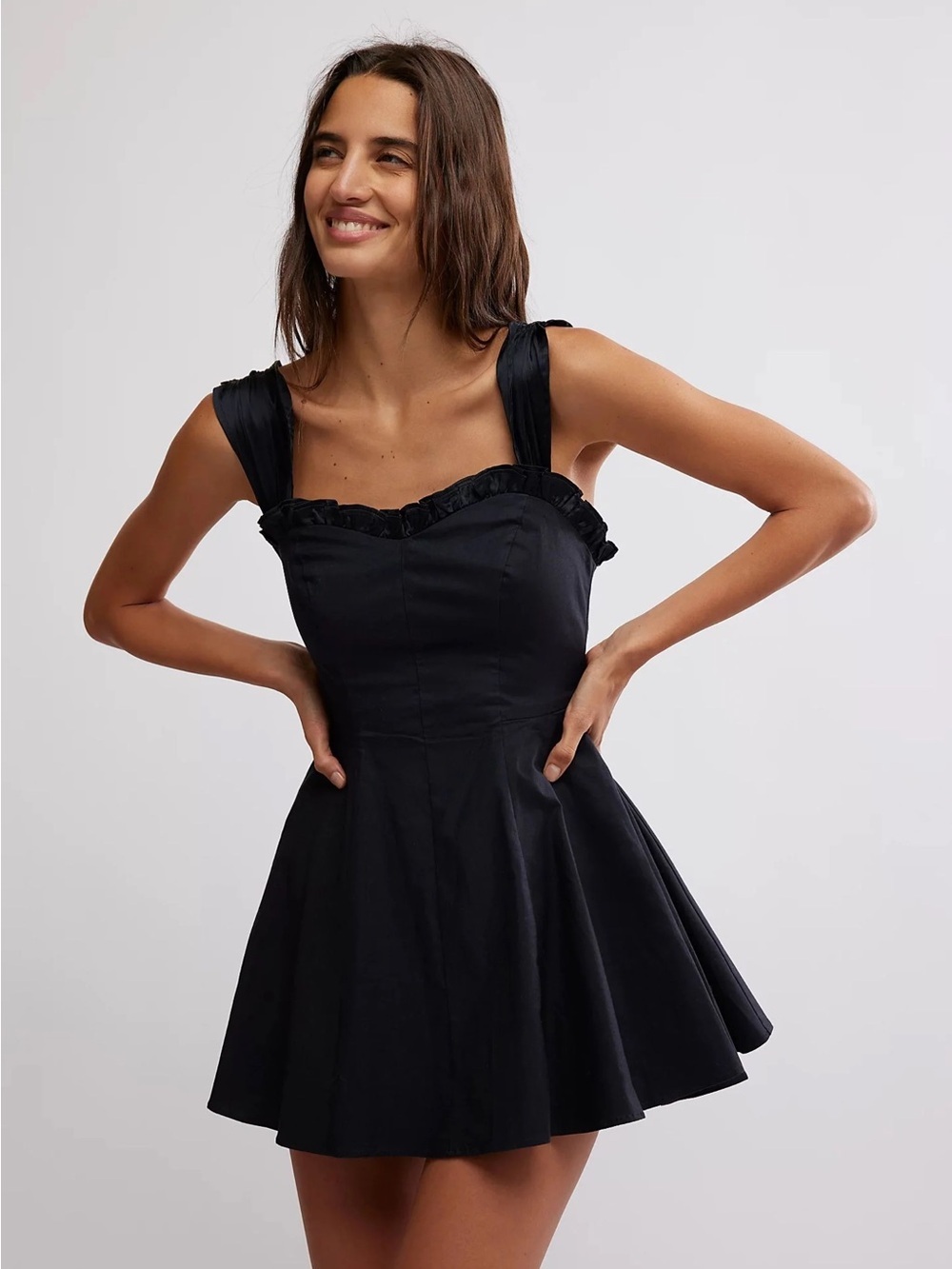 Free People Black Midnight Magic Mini Ruffle-Trim Fit & Flare Dress size Small